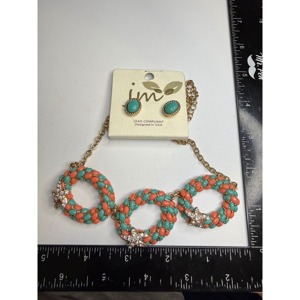 JM Gold Tone Starfish Necklace Earring Set Coral Turquoise Coastal Jewelry